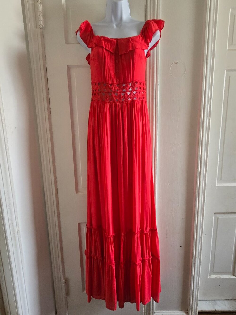 Coral-orange tiered boho maxi dress